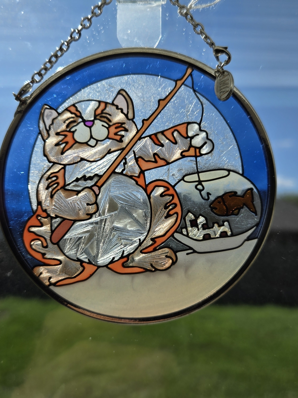 AMIA Hand Painted Glass Suncatcher - Whimsical Fishing Cat 3.5